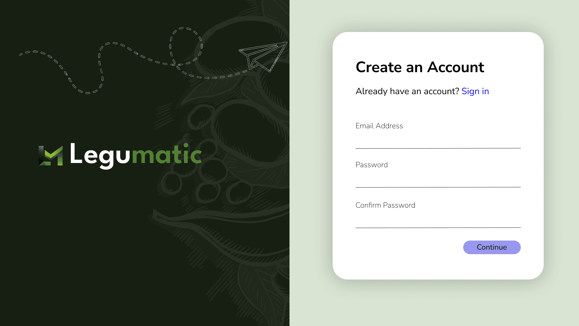 Legumatic Sign-Up Page